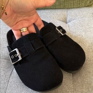 Black Suede Buckle Clog Mules
